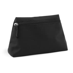A black toiletry bag with a zippered closure and a sleek design. It features a branding logo.