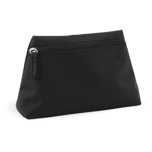 A black toiletry bag with a zippered closure and a structured design. It features branding on the front.