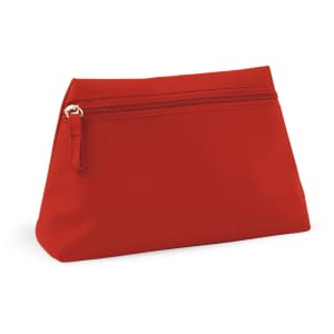 A red toiletry bag with a zip closure and a simple, streamlined design. It includes a logo.