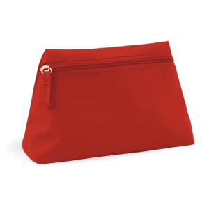 A red toiletry bag with a zippered closure and a sleek design, featuring a simple, branded logo.