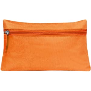 An orange toiletry bag with a zippered compartment and a textured exterior, featuring a logo.