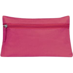 A pink toiletry bag with a zip closure, featuring a smooth surface and a branding logo.