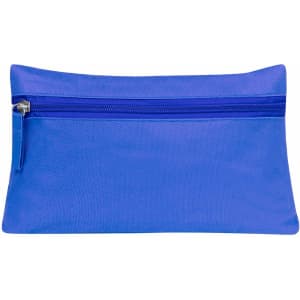 A blue toiletry bag with a zippered closure and a textured surface. Features a logo on the front.