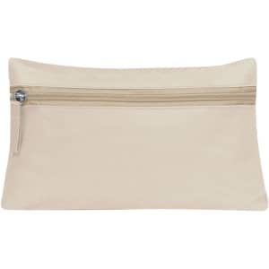 A beige toiletry bag featuring a zip closure and a smooth texture. It includes a branding logo.