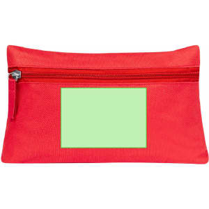 A red toiletry bag featuring a zippered closure and a blank green area for customisation.