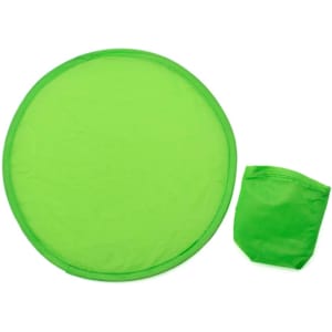 A green frisbee with a matching storage pouch, neatly folded beside it. The frisbee features a simple design.