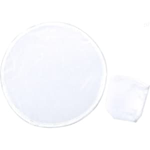 A clear, round frisbee with a white border, accompanied by a small storage pouch.