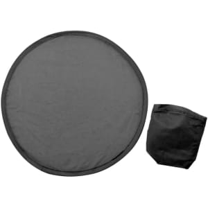 A round black frisbee alongside a matching storage pouch. The frisbee is flat and circular in shape.