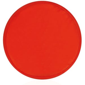 A red frisbee with a smooth surface and a round shape, featuring a logo on one side.