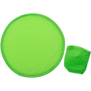 A bright green frisbee and a matching pouch for storage, made of lightweight material.