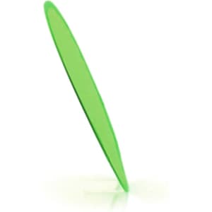 A green frisbee with a sleek design and a glossy finish, featuring a branding logo.