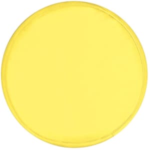 A yellow frisbee with a circular shape, featuring a simple design and a subtle edge binding.