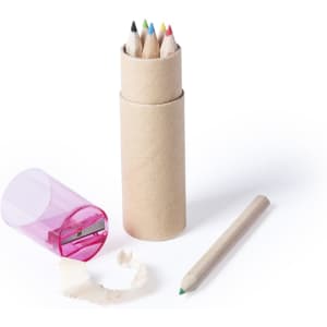 A set of coloured pencils in a cardboard tube, with a pink sharpener and a peeled green pencil beside it.