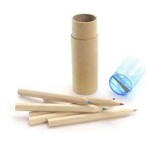 A set of wooden grey-lead pencils in a cardboard tube, with a blue sharpener and three coloured pencil tips visible.
