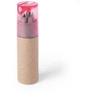 A set of grey-lead pencils contained in a pink plastic tube with a cardboard base.