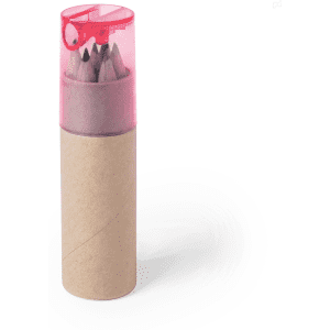 A set of grey-lead pencils in a cylindrical cardboard container with a pink lid.
