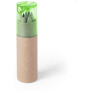 A set of grey-lead pencils encased in a green top container with a cardboard base.