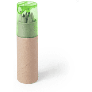 A cylindrical container, featuring green transparent lid, holds several grey-lead pencils with a kraft paper base.