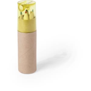 A cylindrical container with a transparent yellow top, holding several yellow and green pencils.