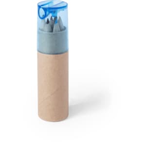 A container featuring grey-lead pencils, with a clear blue cap and a cardboard body.