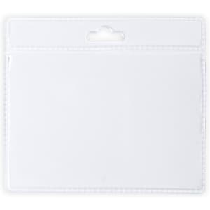 A transparent name badge holder in clear plastic with a top slot for attachment. Features a simple design.