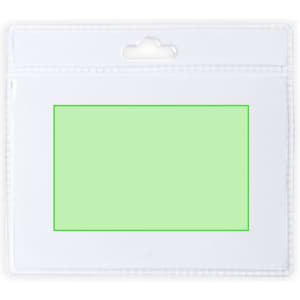A clear plastic name badge holder with a green insert area and a slot for attaching a clip or lanyard.