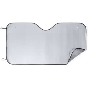 A rectangular Vagon Sunshade in silver with black edging, featuring a textured surface and corner tie loops.