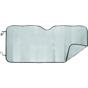 A silver sunshade with a black trim, featuring a textured surface and eyelets for securing it.