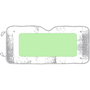 A green sunshade is displayed with a light outline, featuring a central area for customization. It includes attachment loops.