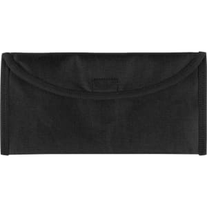 A black travel document holder featuring a fold-over flap and textured surface, equipped with a logo.