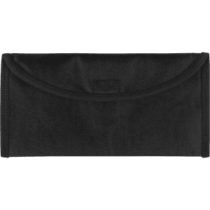 A black travel document holder featuring a flap closure and an interior pocket. It includes a branding logo.