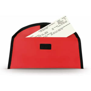 A red travel document holder with a black trim, featuring tickets partially visible inside, and a logo on the front.