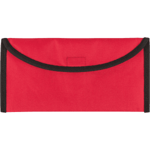 A red Lisboa travel document holder with a black trim and a curved flap closure. It features a logo.