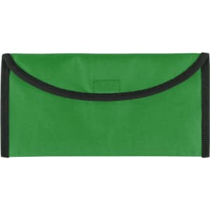 A green travel document holder with a black trim and rounded flap. Features a logo on the front.