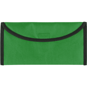 A green travel document holder with black trim, featuring a flap closure and a simple design.