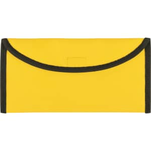 A yellow travel document holder with a black trim and a flap closure. It features a logo.