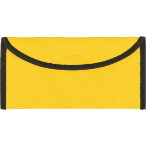 A yellow travel document holder with black trim, featuring a fold-over design and a logo.