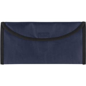 A navy blue travel document holder with a black trim and a flap closure, featuring a simple logo.
