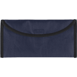 A navy blue travel document holder with a black trim and a closure flap. It features a logo on the surface.