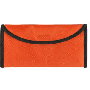 An orange travel document holder with black trim and a flap closure, featuring a logo.