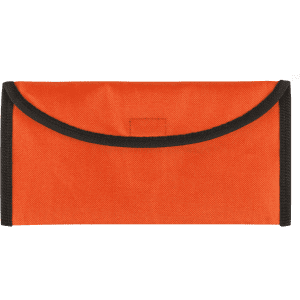 An orange travel document holder with a black trim, featuring a flap closure and a logo.