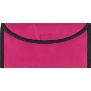 A pink travel document holder with a black trim and a flap closure, featuring a logo.
