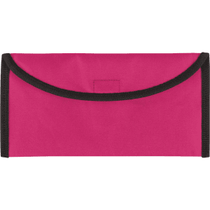 A pink travel document holder with a black trim and a flap closure, featuring a logo.