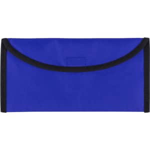 A blue travel document holder with a black trim and a logo, designed for carrying documents securely.