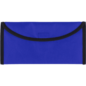 A blue travel document holder featuring a curved flap and black trim, with a logo on the front.
