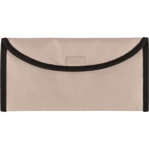 A beige travel document holder with black trim, featuring a flap closure and a simple design. It has branding on the front.