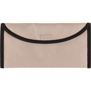 A beige travel document holder with a black trim and a secure flap closure. It includes branding.