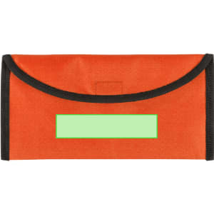 An orange travel document holder with black trim and a placeholder for a label. It features a logo on the front.
