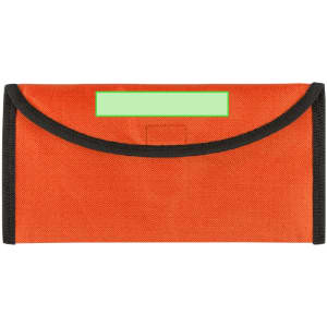 An orange travel document holder with a black trim, featuring a green label space on the front.
