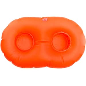 An orange inflatable swing holder with two cup holders. It features a central connector and has a logo.